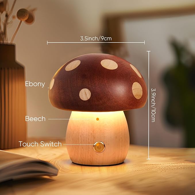 YIEONSHION LED Wood Mushroom Table Lamp, Rechargeable Cordless Touch Bedside Lamps, Wireless Stepless Dimming Night Light, Portable Battery Lamp for Bedroom Nightstand for Birthday Gifts (XMG-Small)