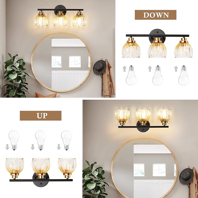TALOYA Black Gold 3-Light Bathroom Vanity Light with Amber Tulip GlassShade | Modern Vanity Lighting Fixtures, Bathroom Lights Over Mirror, Wall Mount Mirror Light Fixtures for Bathroom Hallway Bedroom