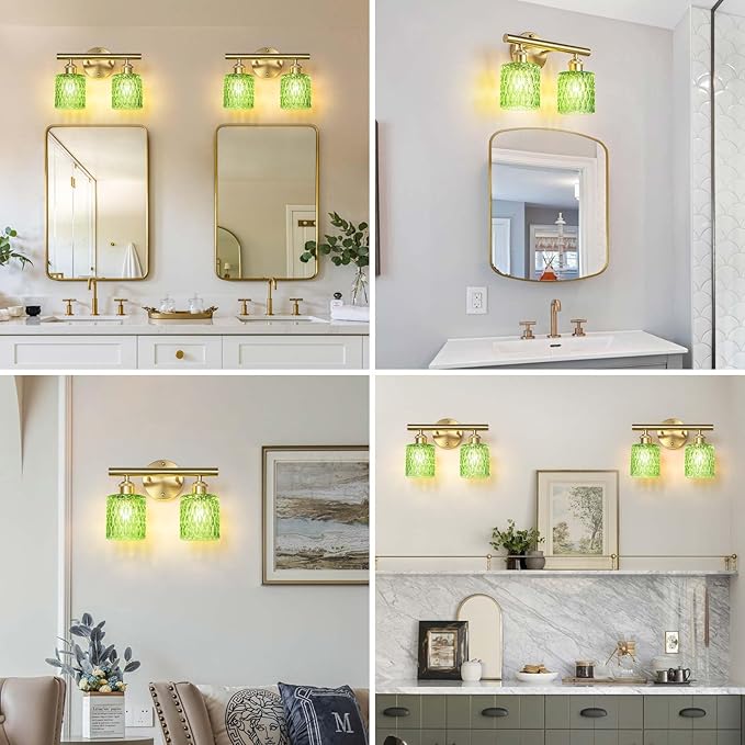 Bathroom Vanity Light, Gold Wall Fixture Over Mirror, Green Glass Shade Lighting with Bulbs Included for Bedroom & Living Room,2-Lights