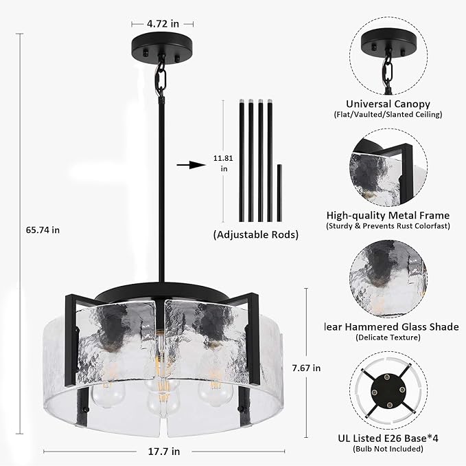 Black Chandelier for Dining Room Light Fixture, 4 Light Entryway Light Fixture, Adjustable Pendant Lights Kitchen Island Modern Farmhouse Kitchen Foyer Chandelier for Entryway, Bedroom, Bathroom
