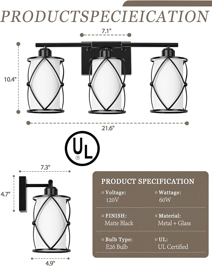 3-Light Black Bathroom Light Fixtures with Milk White Frosted Glass, 21" Modern Bathroom Vanity Lighting Fixtures Over Mirror with Metal Cage, Wall Sconce Lights for Bath, E26, CH9176BKW-3W