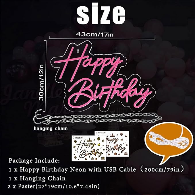 Happy Birthday Neon Sign for Wall Decor, 17×12 Inch Pink Led Neon Light Signs, Art Decoration Happy Birthday Neon Light Sign for All Birthday Party Decoration with 2 Pcs pasters