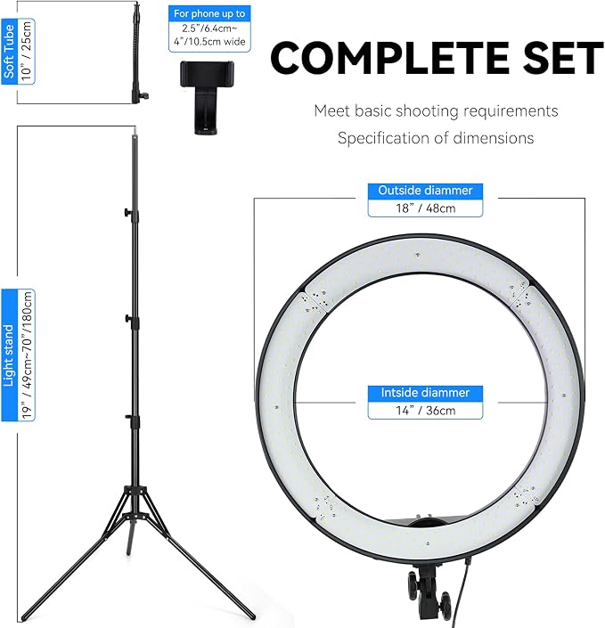 18-Inch Ring Light, 55W Dimmable 5500K Light with 240 LEDs Color Filter, Soft Tube and Carrying Bag for YouTube, TikTok, Selfies and Photography, Compatible with Camera and Smartphones