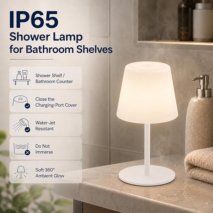 IP65 Waterproof Shower Lamp, Cordless Rechargeable Table Lamp, White | Bathroom To Bedside Glow, Touch-Dim Comfort, 4000mAh USB-C Ease, 12-24H Light, 3 Light Moods, 2-Height Fit