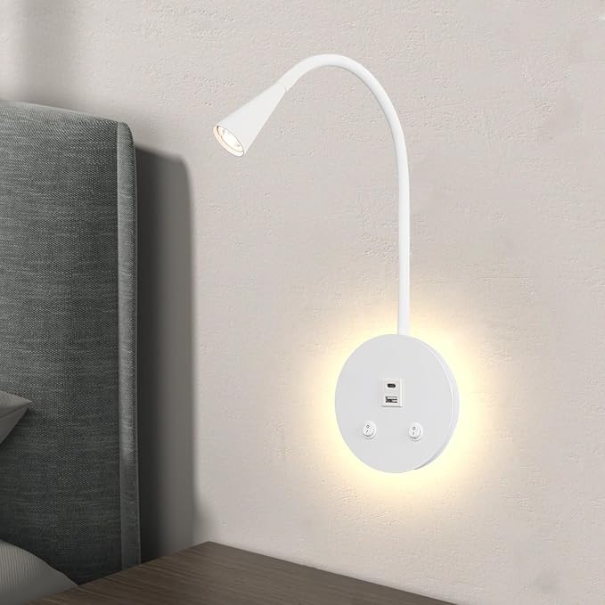 Dimmable LED Wall Reading Lamp - Adjustable Gooseneck Book Light for Bed, USB + Type C Output, 2-in-1 Night Light & Spotlight, Compact Focused Lamp (White)