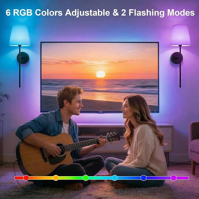 Battery Operated Wall Sconces Set of 2, Rechargeable Wireless Wall Lights with Remote, RGB Dimmable Wall Lamp for Bedroom Wall Decor Living Room Hallway (Black)