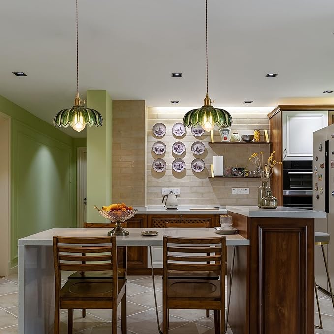 XZHGCEE Plug in Pendant Light Fixtures: Hanging Light Plug in Green Glass Hanging Lamp, Pendant Lighting for Kitchen Island, Bedroom, Dining Room, Living Room, E26 No Bulb