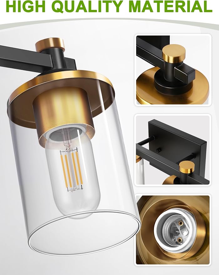 Bathroom Light Fixture, Bathroom Vanity Light Over Mirror, 4-Lights | Vanity Lights for Bathroom, Modern Lighting Fixtures with Clear Glass Shade, Black and Gold Vanity Lights, ETL Listed