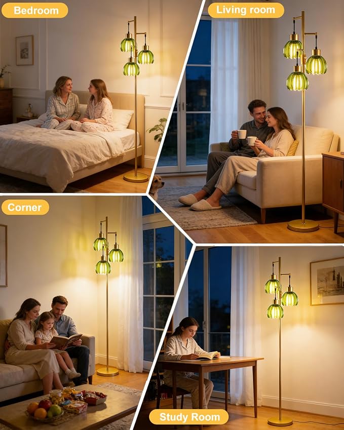Lightdot 65'' Green Glass Floor Lamp Dimmable Gold Floor Lamps with Lotus Glass Shade& 3000K Bulbs Included 3-Lights Modern Tall Standing Lamp with 5Lbs Heavy Base for Living Room/Bedroom/Sofa Beside