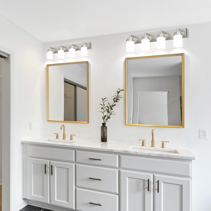 Bathroom Light Fixtures, Brushed Nickel Bathroom Lighting Fixtures Over Mirror, Modern Vanity Light with White Glass Shade, Restroom Lighting Fixtures, 4-Light 30-inch