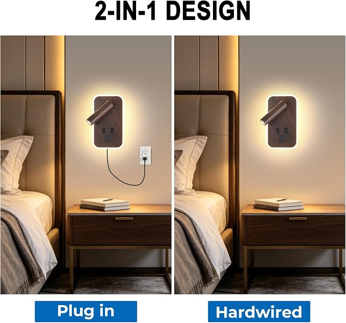 Wall Sconce Plug in with Wall Mounted Reading Lights with Switch | Wall Lights for Bedroom with USB C+A Ports, Bunk Bed Lights with 9W Night Light, Walnut Color Reading Light Adjustable Angle