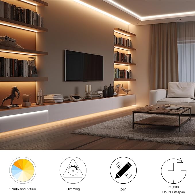 CCT COB LED Strip Lights,24.6ft Dimmable 2700K-6500K 24V Tunable White LED Light Strip Kit, High Density CRI 90+ LED Strips with Remote Controller and Power Supply, for Bedroom Kitchen Home Lighting