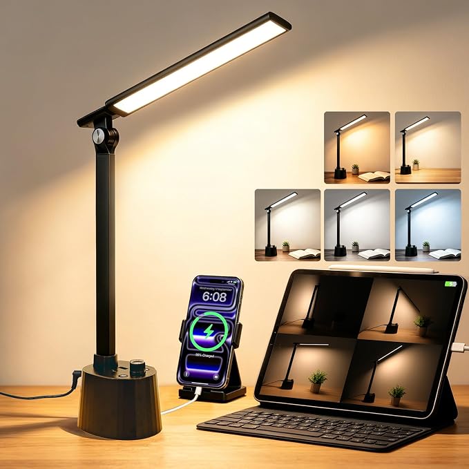 BOHON Small Desk Lamp with USB C Charging Port 5 Colors Stepless Dim Black | Reading Light Space-Saving Rotating Head Desk Lamp for Home Office College Dorm Room Bedside Table Bedroom