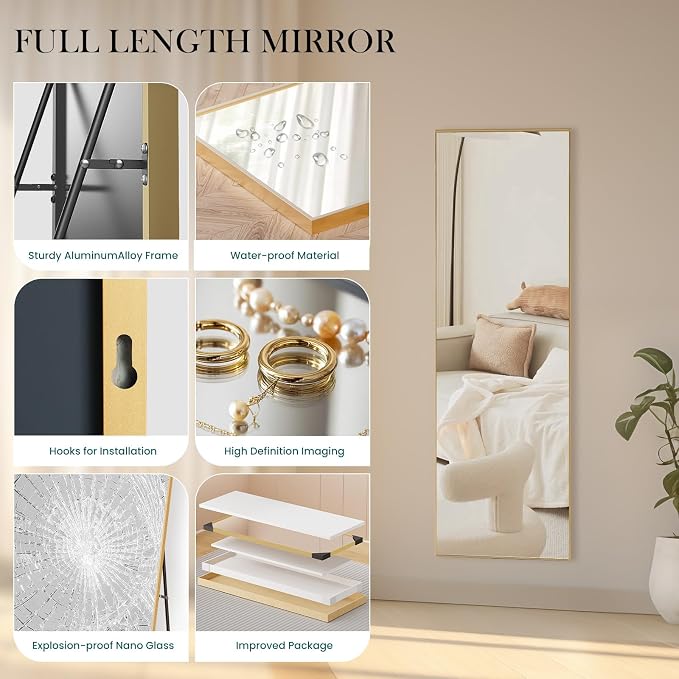 Full Length Floor Mirror, 15.75"x59" Body Wall Mirror Stand | Shatter-Proof Nano Glass, Tall Standing, Hanging or Leaning, Aluminum Alloy Frame for Bedroom, Modern Home Decor, Gold