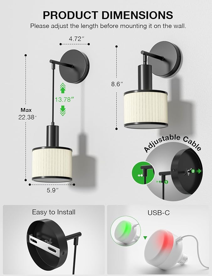 Battery Operated Wall Sconce Set of 2, Black&Off-White Wireless Rechargeable Wall Lights with 5200mAh Dimmable Detachable Bulbs and Remote, 9 Colors Sconces Wall Decor for Bedroom Living Room
