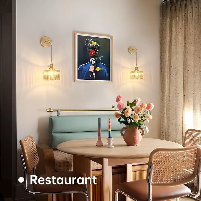 Shenmoyl Vintage Wall Sconce Wall Lamp with Amber Striped Shade Pattern Glass Adjustable Chain Retro Gold Wall Mounted Light, Modern Wall Lamp Fixtures Decor for Bedside Bedroom Indoor Doorway