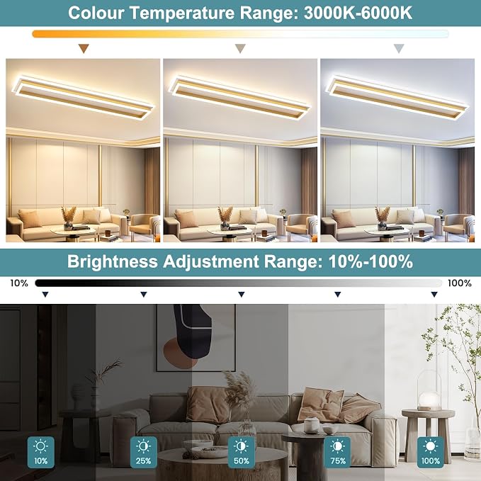 Dimmable Led Ceiling Light with Remote Control Modern Linear Flush Mount Ceiling Lighting Fixture Acrylic Long Ceiling Lamp for Living Room Kitchen Dining Room Hallway (Gold,39.3inch)