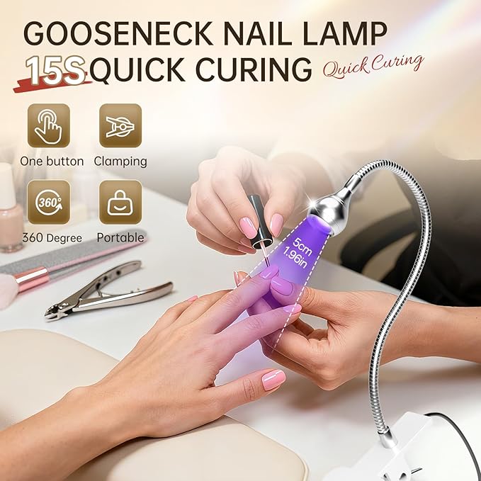 AORAEM U V Nail Lamp,Sliver 3W U V Light for Nails 35NM U V Gel X Nail Lamp with Gooseneck and Clamp for Gel Nail (AA-Silver)