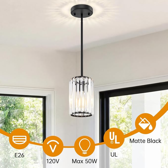 Black Pendant Light, Modern Crystal Pendant Lights Kitchen Island, Kitchen Island Lighting with Adjustable Height, UL Certified Island Lights for Kitchen Dining Room Bedroom Hallway 3 Pack