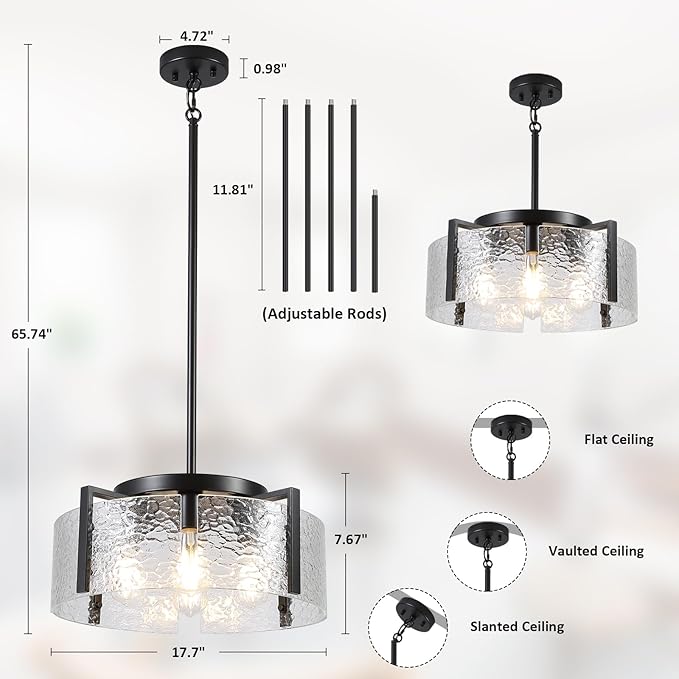 Black Chandelier for Dining Room Light Fixture, 4 Light Glass Entryway Light Fixture, Adjustable Pendant Lights Kitchen Island Modern Farmhouse Kitchen Foyer Chandelier for Entryway, Bedroom, Bathroom