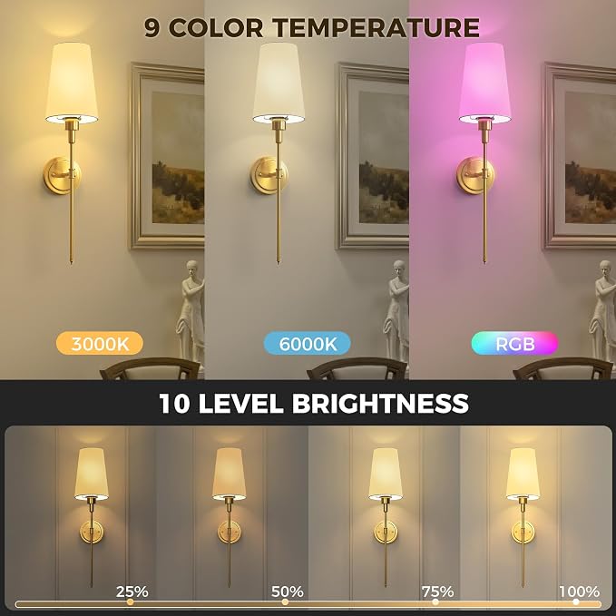 Battery Operated Wall Sconce: Set of 2 Wireless Wall Light 12000mAh | 15 Color Rechargeable Wall Sconces, Sconce Wall Decor Set of 2 for Bedroom, Living Room, Gold, 27in