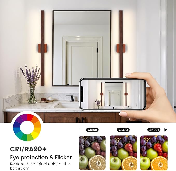 Modern Bathroom Light Fixtures Over Mirror, 39 Inch Brown Wood Finish Vanity Light Bar 30W Dimmable 5CCT LED Vanity Lights for Bathroom Wall Lighting Fixtures Over Mirror