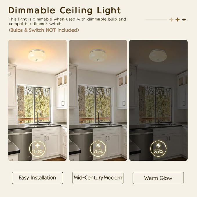2-Light Brushed Nickel Ceiling Light,11.02in Milky White Glass Shade | Mid-Century Modern Metal Base, E26 Ceramic socket, Hallway, Kitchen, Bedroom, Bulb Not Included