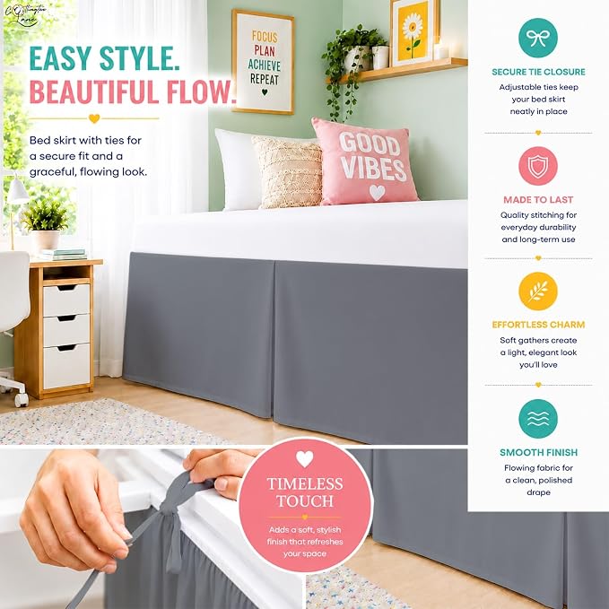 Cottington Lane Tailored Box Pleated College Dorm Bed Skirt Twin XL, Hotel Quality Premium Brushed Microfiber Extra Long Bedskirt Twin XL 34 Inch Drop, Dark Grey Dorm Bedding