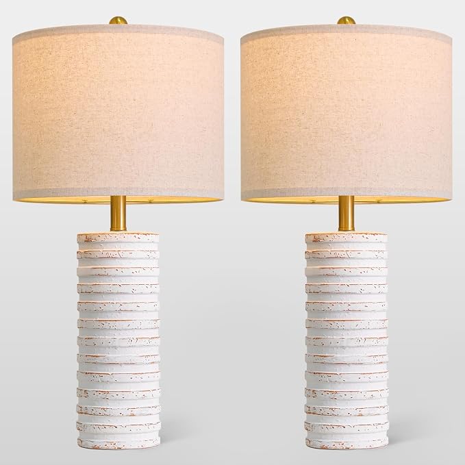 PoKat 27'' Tall Table Lamps for Living Room, Farmhouse Bedside Lamps Set of 2 for Bedroom, Rustic Ceramic Nightstand Lamps with Linen Lampshade Distressed Design for Office Entryway Hallyway (White)