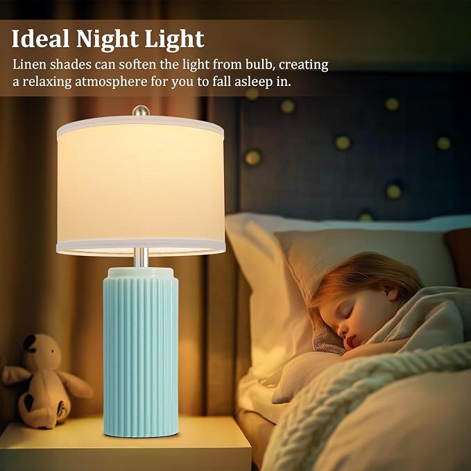 23.5" Light Green Modern Ceramic Table Lamps Set of 2 for Bedside | Nightstand Lamps with White Linen Shade, Ideal Size, Farmhouse Home Decor for Living Room Bedroom Office End Table Dorm
