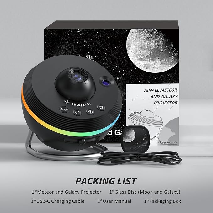 Galaxy Projector with 1 Glass Projection Disc, Star Projector Home Planetarium, 180° Rotatable Starry Sky Night Light with Meteor Effects & Light Strip for Bedroom, Kids & Adults Gift (Black)