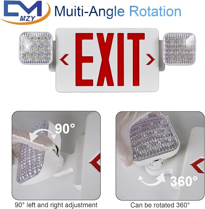 Red LED Exit Sign Emergency Light Combo, UL Listed Battery Backup | UL-listed commercial fire exit sign features 90-min battery backup, 360° rotating dual heads, and easy dual-mount setup.