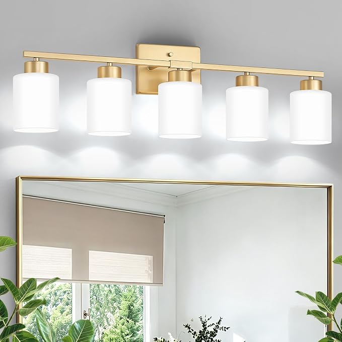 Gold Bathroom Light Fixtures Vanity Lighting Over Mirror | 5-Light Modern Wall Sconces with Milky White Frosted Glass Shades for Restroom (E26 Socket)