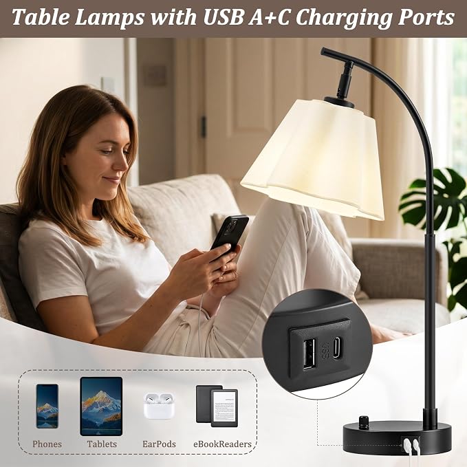 Table Lamps Set of 2, Stepless Dimmable Bedside Lamps with USB A&C Ports | Fabric Shade, Multi-Angle Rotatable Head, Lamps for Nightstand, Side Table, Dorm, Bedroom, Home Office, Elegant Home Decor