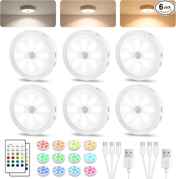 6PACK Rechargeable Puck Lights with Remote Motion Sensor Light indoor White | 3 color temps & 12 RGB, dimmable, 15/30/60 mins timer, memory, magnetic/stick on, 3.3'' led lights for kitchen, closet, stair