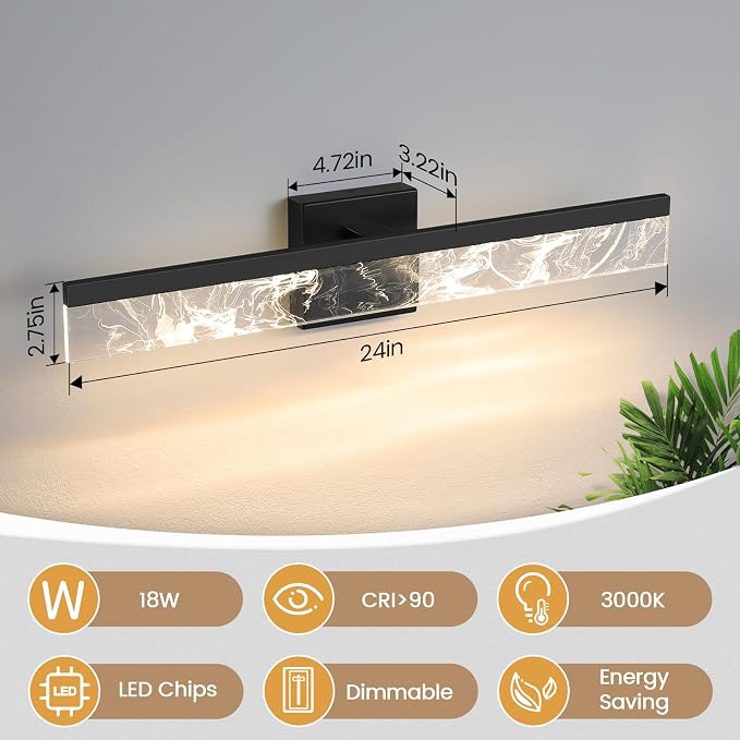 AIJIASI Modern Bathroom Light Fixtures Over Mirror - 24 Inch Black Vanity Light Bar 18W 3000K Dimmable LED Vanity Lighting Fixtures for Restroom Mirror