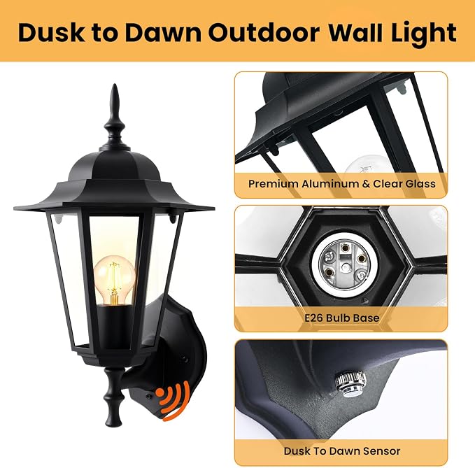 14.4"H Dusk to Dawn Outdoor Wall Light, Black Exterior Garage Lighting Fixtures, Outdoor Porch Light Wall Mount, Modern Outside Wall Lantern Sconce Sensor Dusk Dawn Light for House, 2 Pack, E26 Base