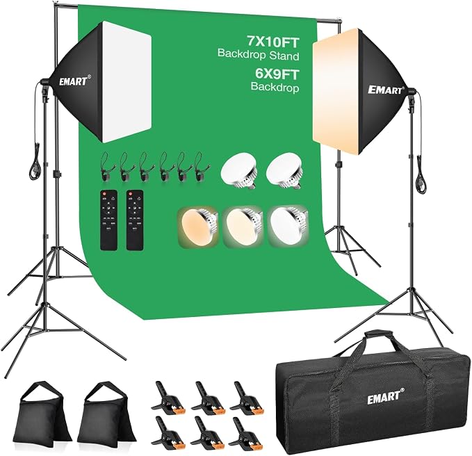 EMART 7 x 10 FT Photography Lighting Kit with 85W LED Bulbs for Portrait | 7x10FT Backdrop Stand & 6x9FT Backdrop, Softbox Lighting Kit & 3000-6000K Bulb Professional Studio Lights for Video Recording