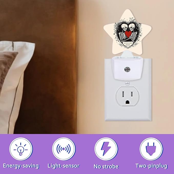 Gothic Skeleton Night Lights Plug Into Wall Decorative,Red Heart Sleep Friendly Lamp, Energy Efficient Dusk-to-Dawn Sensor Nightlights for Kid Bedroom Nursery Bathroom