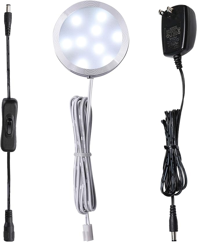 AIBOO 12V LED Under Cabinet Puck Lights Plug in, with Manual Switch, Single Puck LED Light for Closet,Counter,Showcase,12Vdc Low Voltage Wall Plug (Daylight White)
