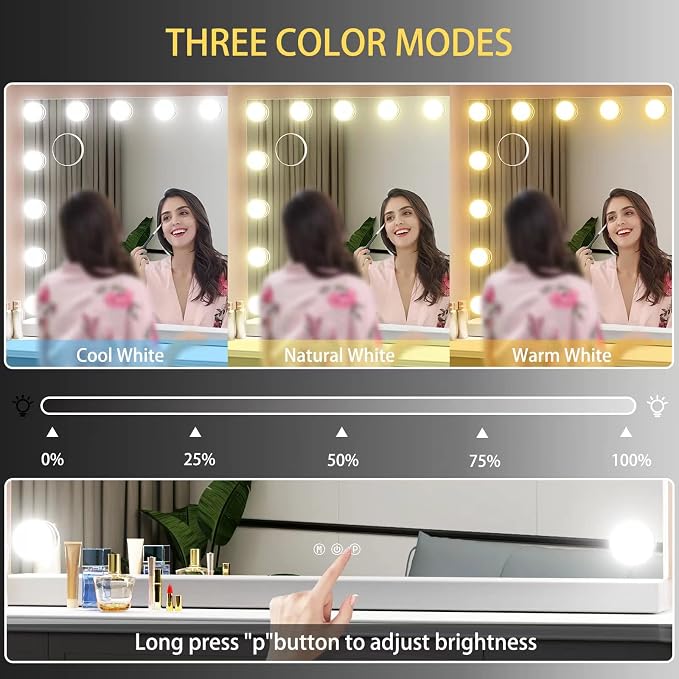 Gvnkvn Vanity Mirror with Lights Lighted Makeup Mirror with 15 Dimmable LED Bulbs,3 Color Lighting Modes,USB Charging Port Touch Control,Sturdy Metal Frame Design 24x18 Inch,White