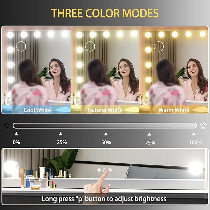 Gvnkvn Vanity Mirror with Lights, 32 x 24 Tabletop Hollyhood Makeup Mirror, Hollywood Lighted Mirror with 18 Dimmable LED Bulbs,3 Colors Modes,Touch Control,Metal Frame,
