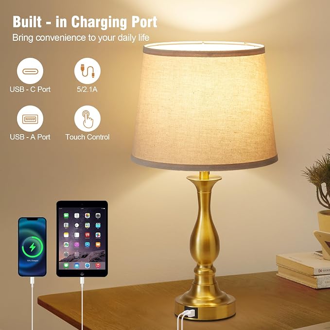 Bedside Table Lamp Touch Control Bedroom Lamps with USB A and C Charging Port 3 Way Dimmable Touch Lamps for Nightstand Living Room Bedroom Dorm Home Office Reading, Set of 2