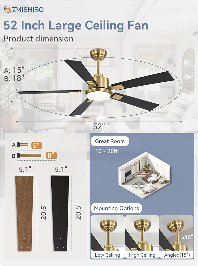ZMISHIBO 52” Mid Century Ceiling Fan with Light, Remote, Black and Gold | High CFM Powerful Airflow, Quiet DC Motor, 3 CCT LED, Indoor/Covered Outdoor, Dual-Finish, Damp Rated