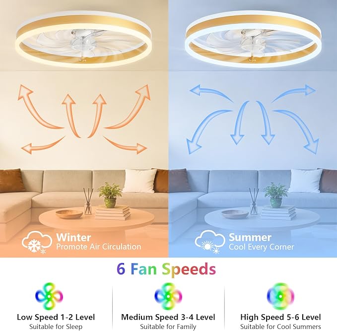 RGB Ceiling Fan with Light, 20'' Low Profile Ceiling Fans with Remote Control, Smart Gold Flush Mount LED Fan Light, Modern Bladeless Fandelier for Bedroom, Living Room, Kitchen