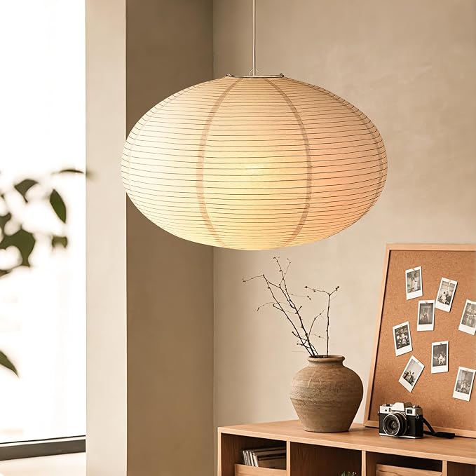White Paper Lantern, 20-inch Flat Round Lamp Shade | Japanese Style Handmade Hanging Pendant Light Shade for Bedroom, Party and Home Decoration Lighting