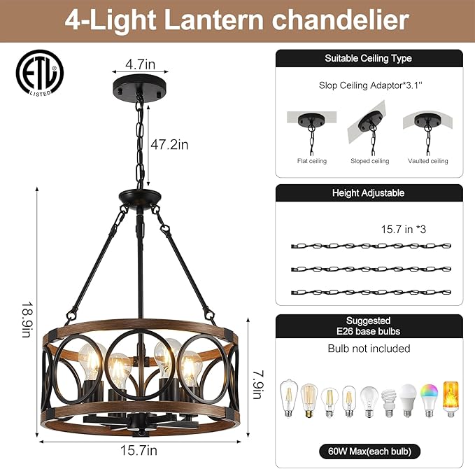 15.7'' Farmhouse Chandelier, 4-Light Walnut Wood Grain Dining Room Light Fixture Over Table, Rustic Industrial Drum Hanging Pendant Lights Fixture for Kitchen Island Bedroom Hallway Foyer Entryway