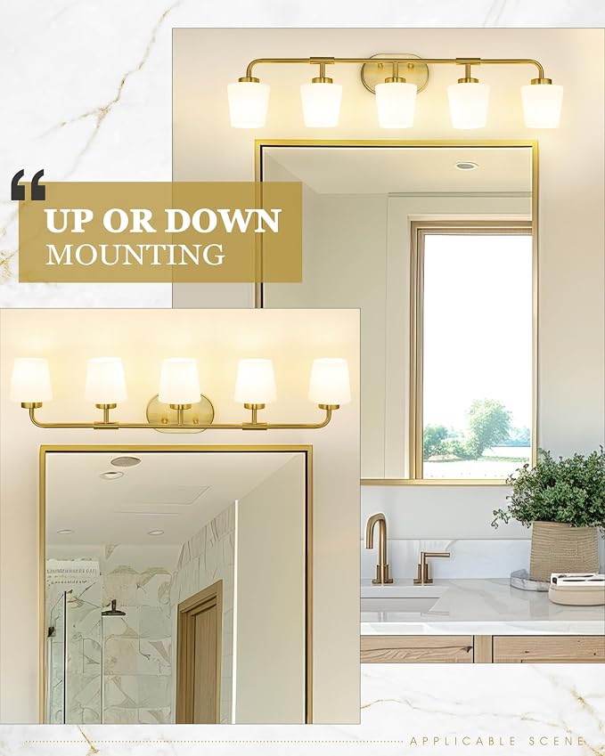 Bathroom Light Fixtures Over Mirror, 5-Light Brushed Gold Vanity Lighting Fixtures with Milk White Glass, 38inch Farmhouse Champagne Bronze Wall Sconces Lighting, AD-22004-5W-GD