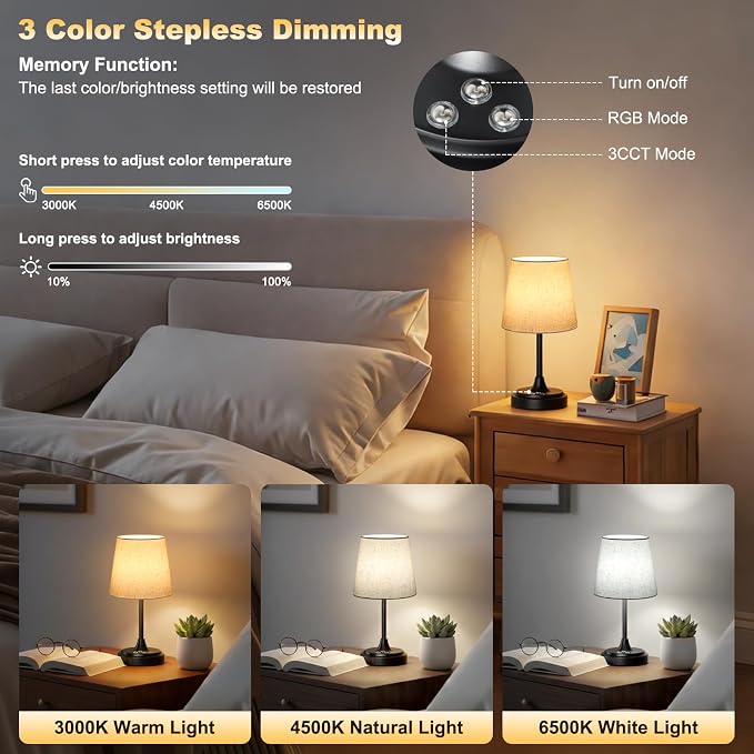 Wowag Small Cordless Table Lamp Rechargeable,5000mAh Battery Operated Desk Lamp,3 Colors & 7 RGB Stepless Dimmable,Touch Ambient Light for Bedside,Bedroom,Dining Room,Living Room,Black,FlaxenShade