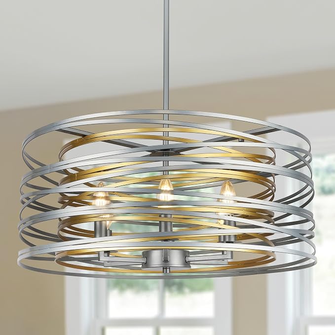 ACNKTZ 23.6'' Large Vintage Round Chandelier, 6-Light Modern Farmhouse Lantern Chandelier, Antique Double Drum Chandelier for Dining Room Entryway Kitchen Island Foyer, Silver with Gold Interior